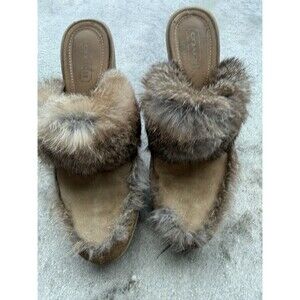 Vintage Y2K Coach Kaela Brown Rabbit Fur Playform Wedge Clogs Mules Women's 8